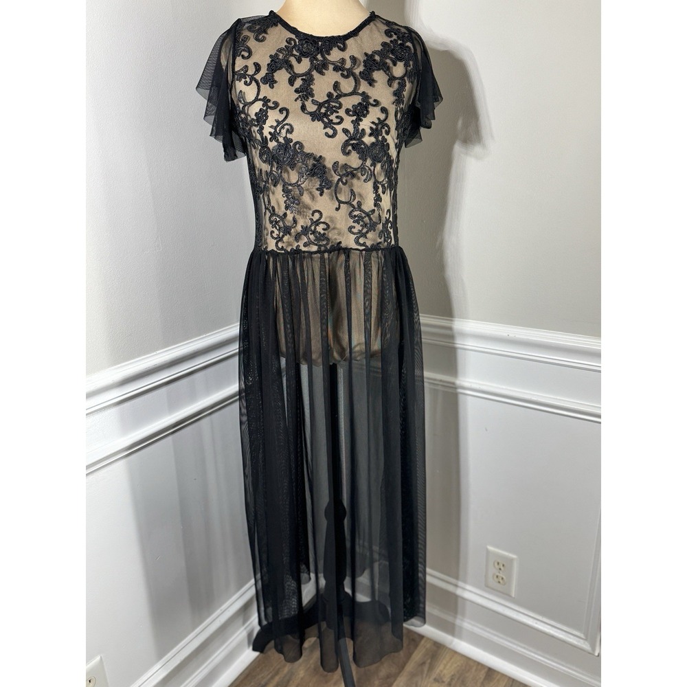 Women's Black Sheer Layering Dress Or Lingerie Small Embroidered Whimsigoth Boho